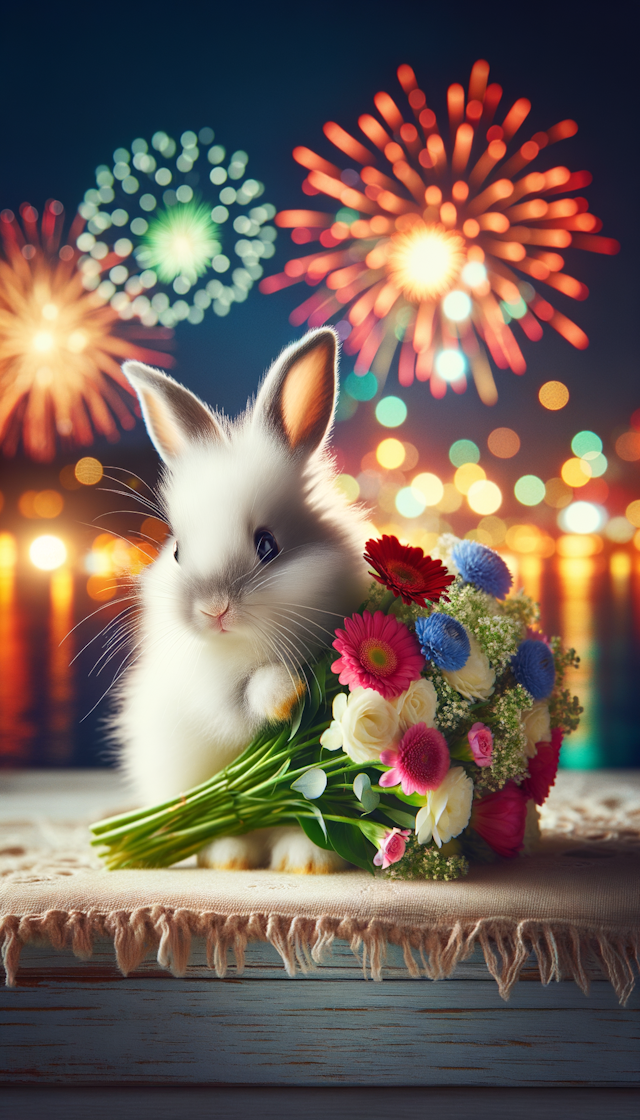 一个可爱的兔子手捧着一束鲜花，背景是新年的烟花