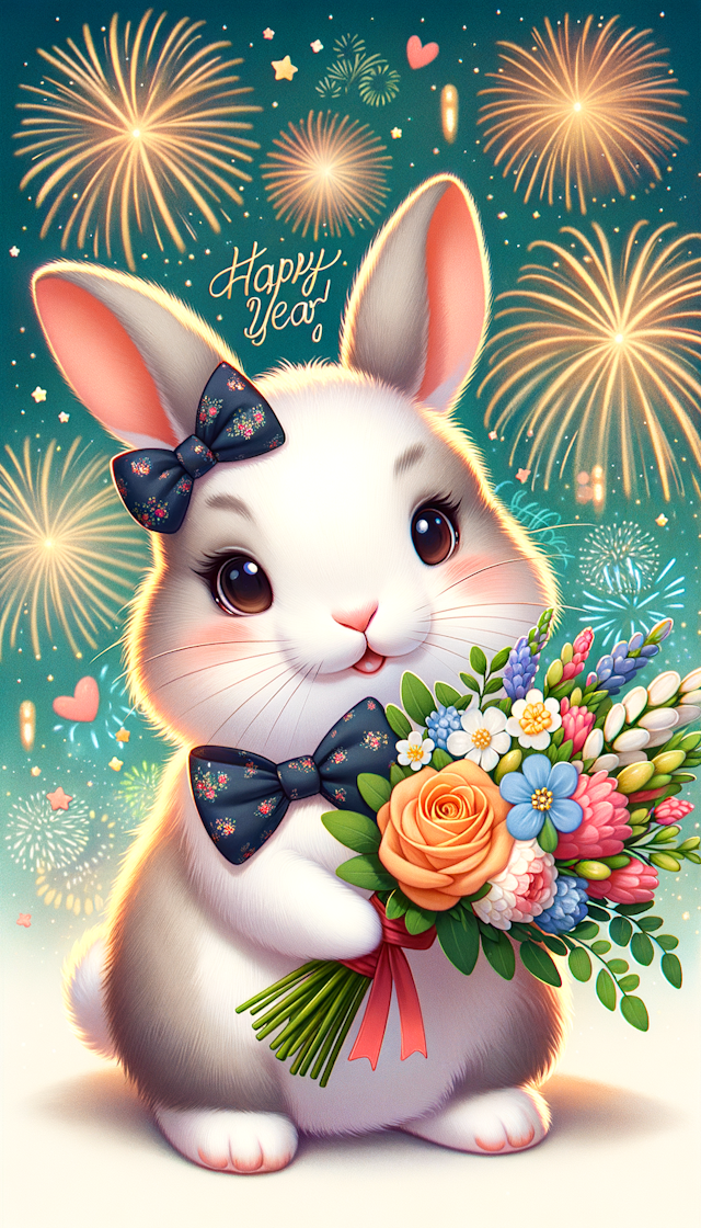 可爱的兔子手捧着一束花，背景是新年的烟花