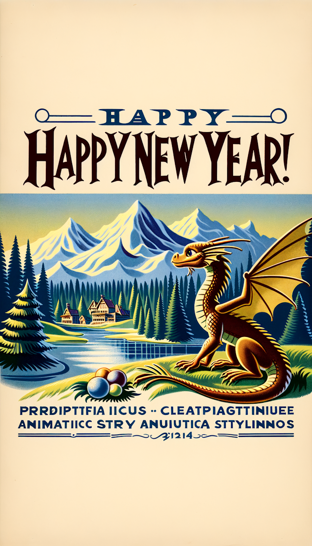 山清水秀的龙，皮克斯风格，顶部有“Happy new year!”
