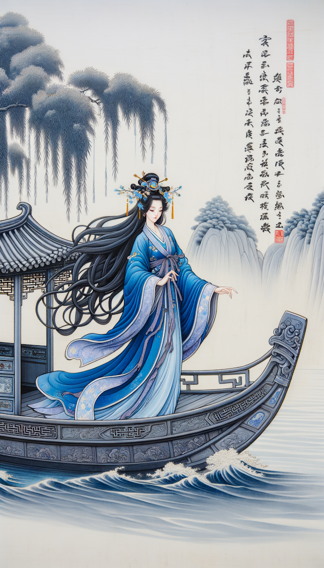 一个中国长发女性，身着青色裙子，站在乌篷船上