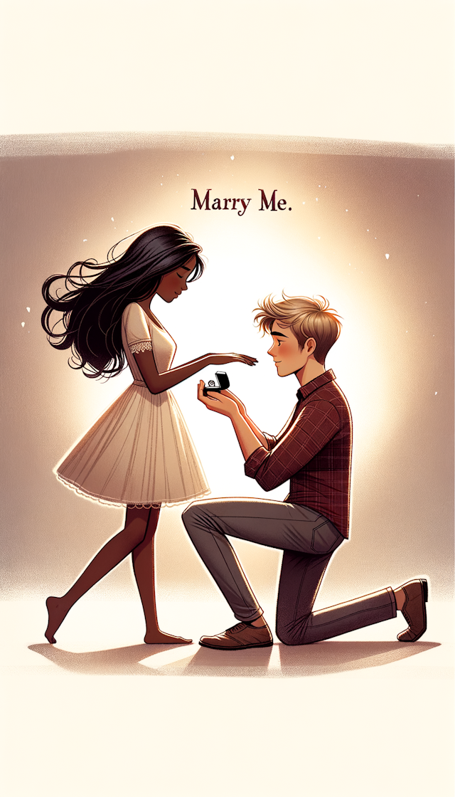 一个男孩单膝跪地向一个女孩求婚，有行字写着 Marry Me