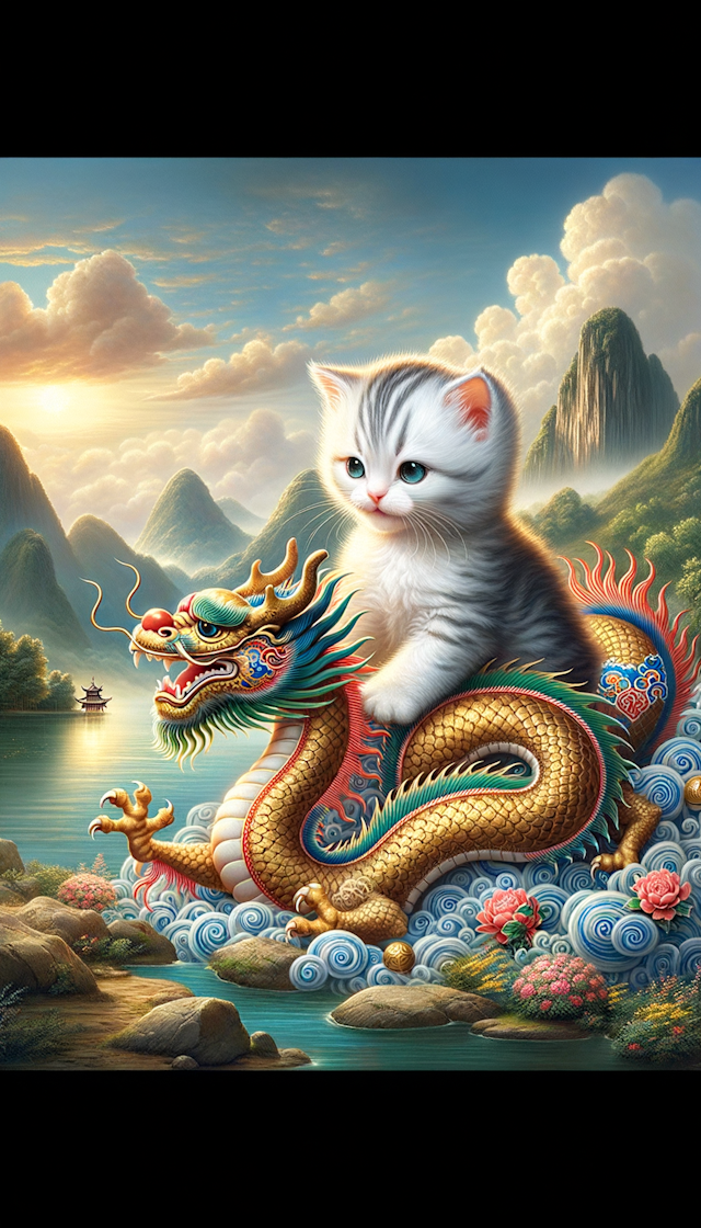 一只可爱的小猫与中国龙在一起
