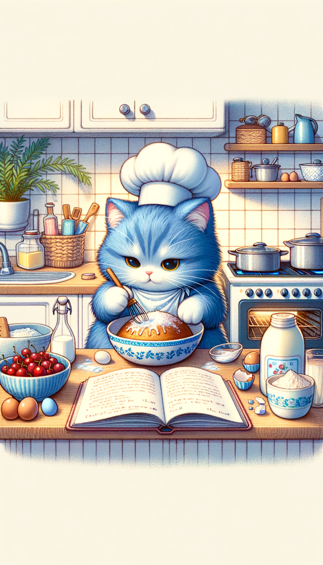 一只蓝猫在做蛋糕