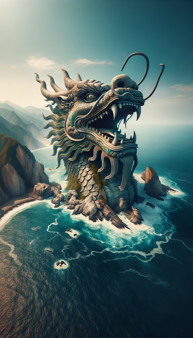 一片波澜壮阔的海面，一个中国龙的龙头浮现在海面上
