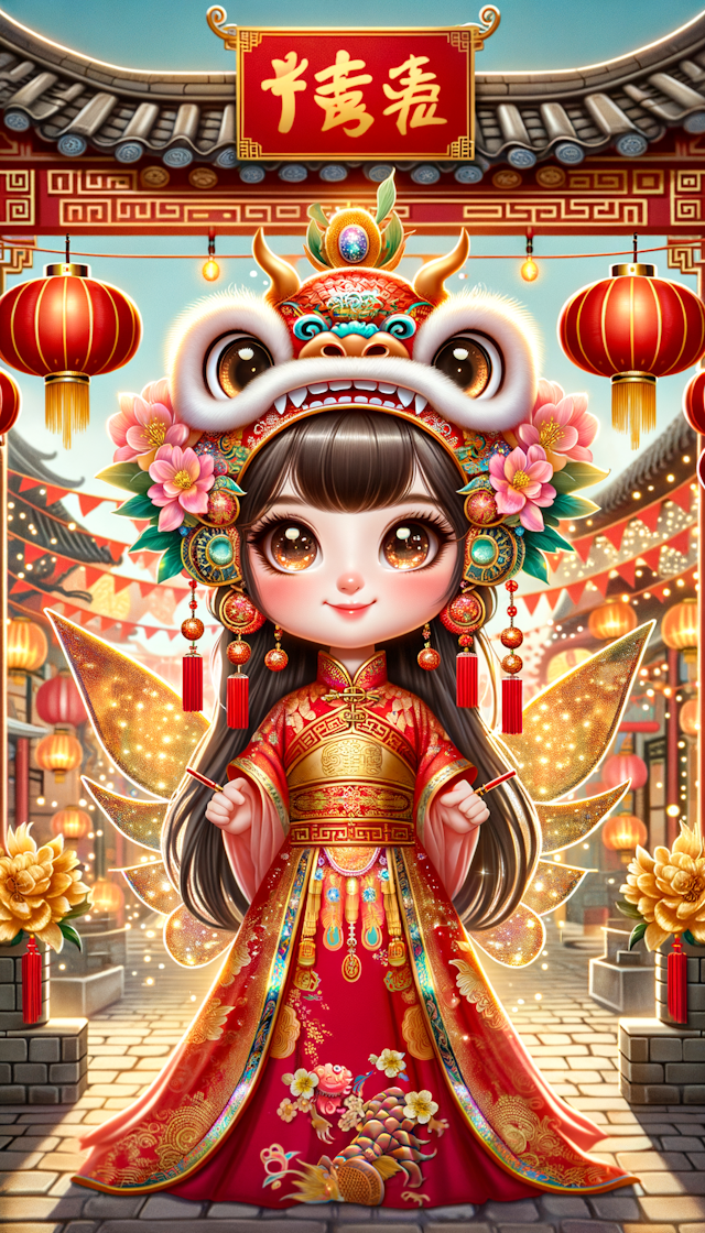 中国传统春节的气氛，一个可爱的中国小仙女，带着龙头的头饰。