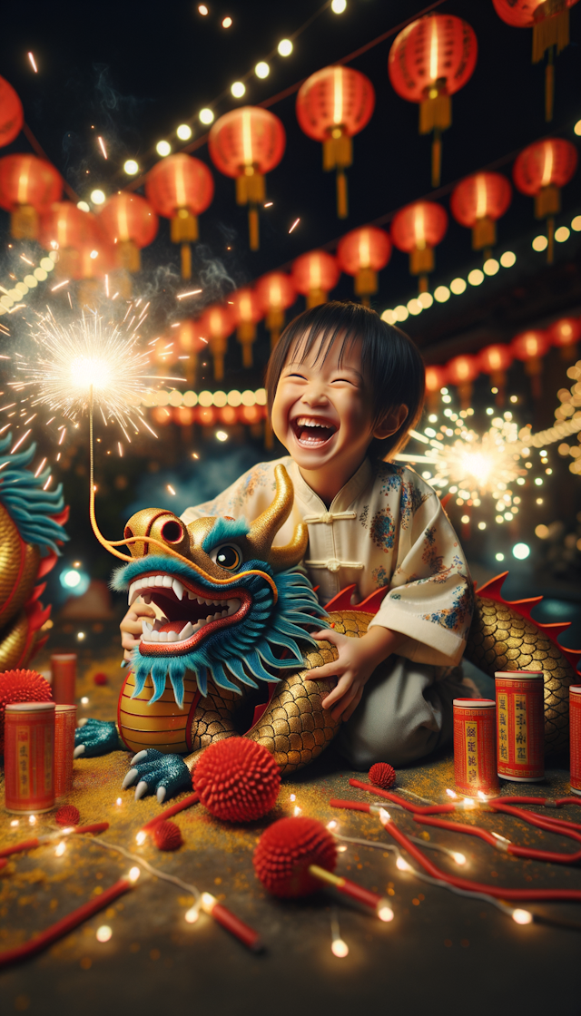 中国风，一个小孩正开心地和龙玩耍，周围是星星点点的炮仗