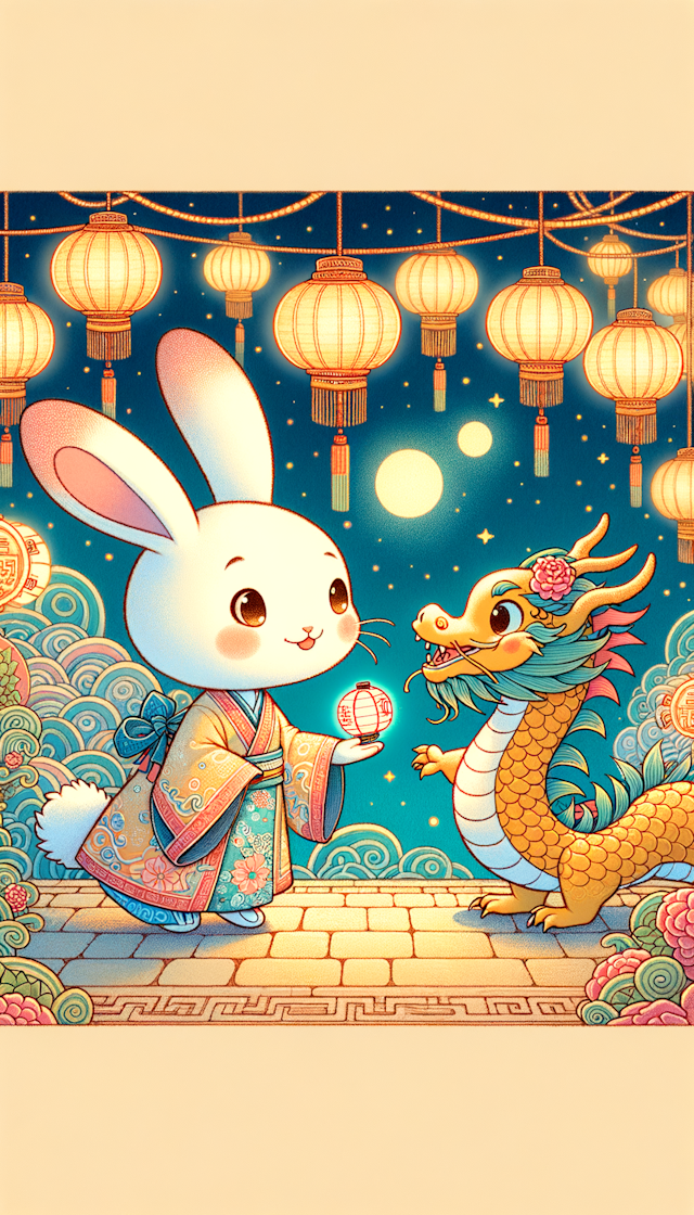 可爱的兔子和可爱的小龙人交接，要有灯笼，宫崎骏风，中国风
