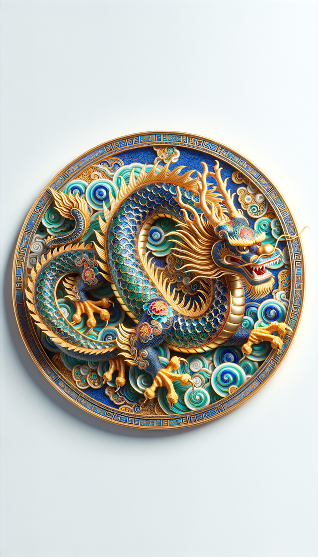 chinese dragon, silk enamel, silk, gold, blue and gold, white background, cloisonne style, --ar 3:4 --v 6.0 --s 150
