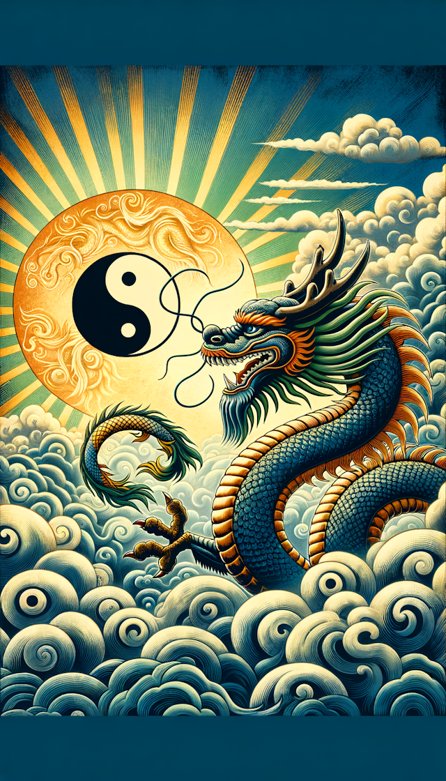 一条中国龙仰望着一个中国太极图，背后是灿烂的阳光和云彩，太极图用阴阳鱼版本的，不要加其他元素和文字，整个图需要霸气一点