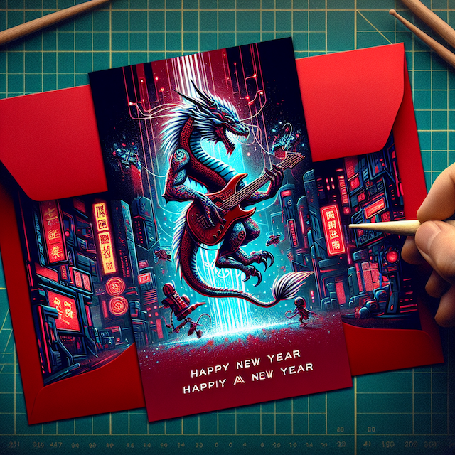 Cyberpunk dragon New Year red envelope cover with rock elements like electric guitars and drumsticks, set against a futuristic city night scene with neon lights, conveying a positive and uplifting vibe. Created by Microdust 2049.