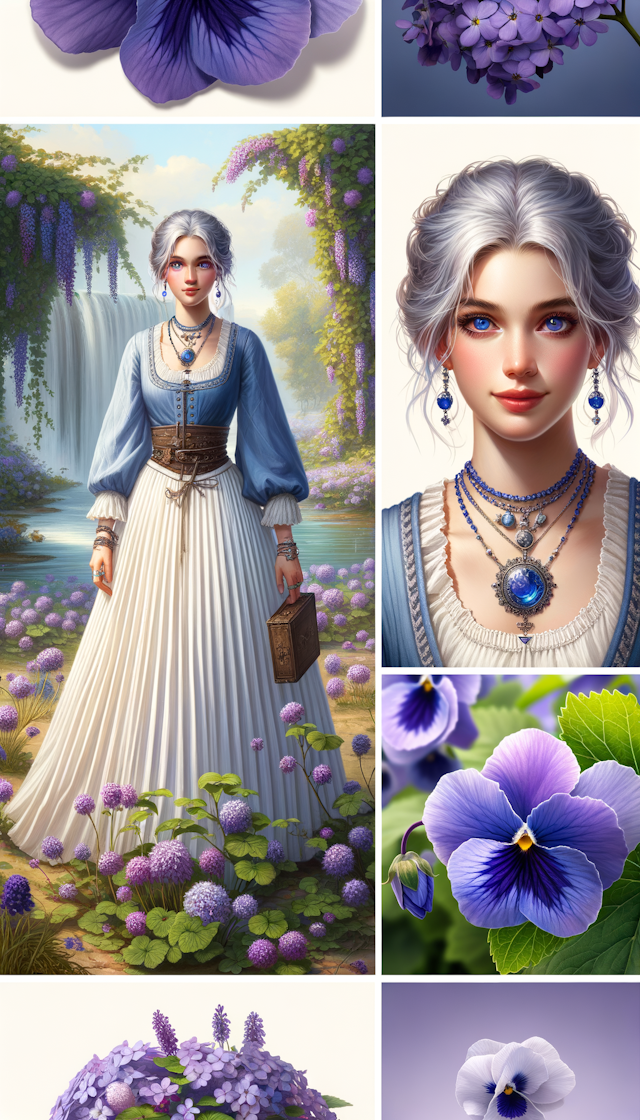 写一张关于紫罗兰永恒花园里的女主角薇尔莉特的封面，设定场景在近现代，她身上的衣服需要时欧洲中世纪风格，带有荷叶边、风琴褶等元素，且必须是白色长裙以及蓝色上衣，最重要的是要符合官方的薇尔莉特的外表形象。