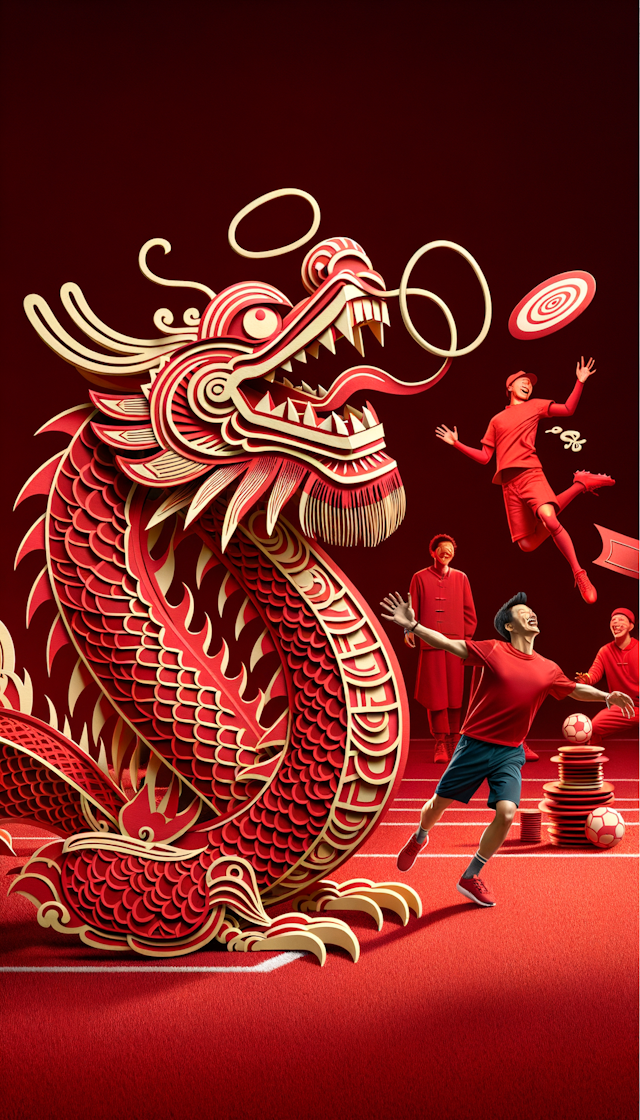 "Chinese dragon is laughing, Chinesepaper-cut, festive,red themealong with ultimate frisbee
