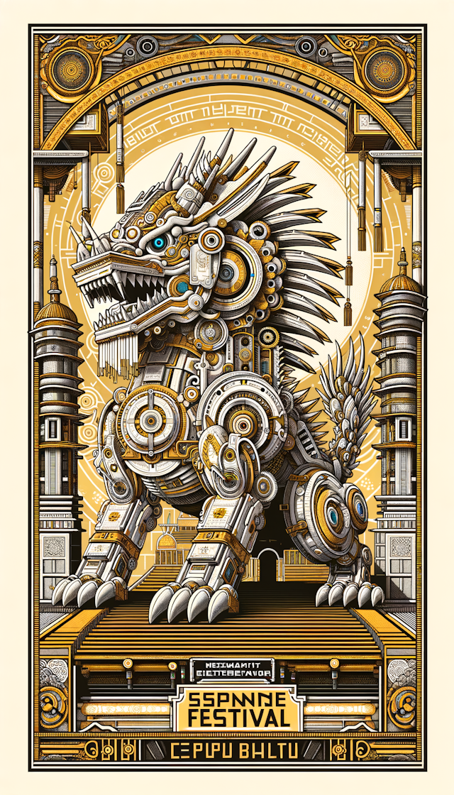 a poster for Spring Festival of the MechanicalGreymon, in the style of digimon anime, detailed facial features, golden and white,  architecture, funk art