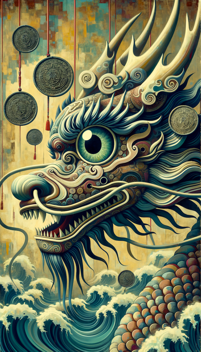 The image depicts a surreal and whimsical setting that incorporates multiple elements that combine a traditional Asian aesthetic with a modern style. At the center of the painting is a stylized, oversized traditional Chinese dragon looking forward, a reference to the Chinese opera dragon or artwork from Asian historical art, the Chinese dragon's gorgeously decorated with classic ancient coins.