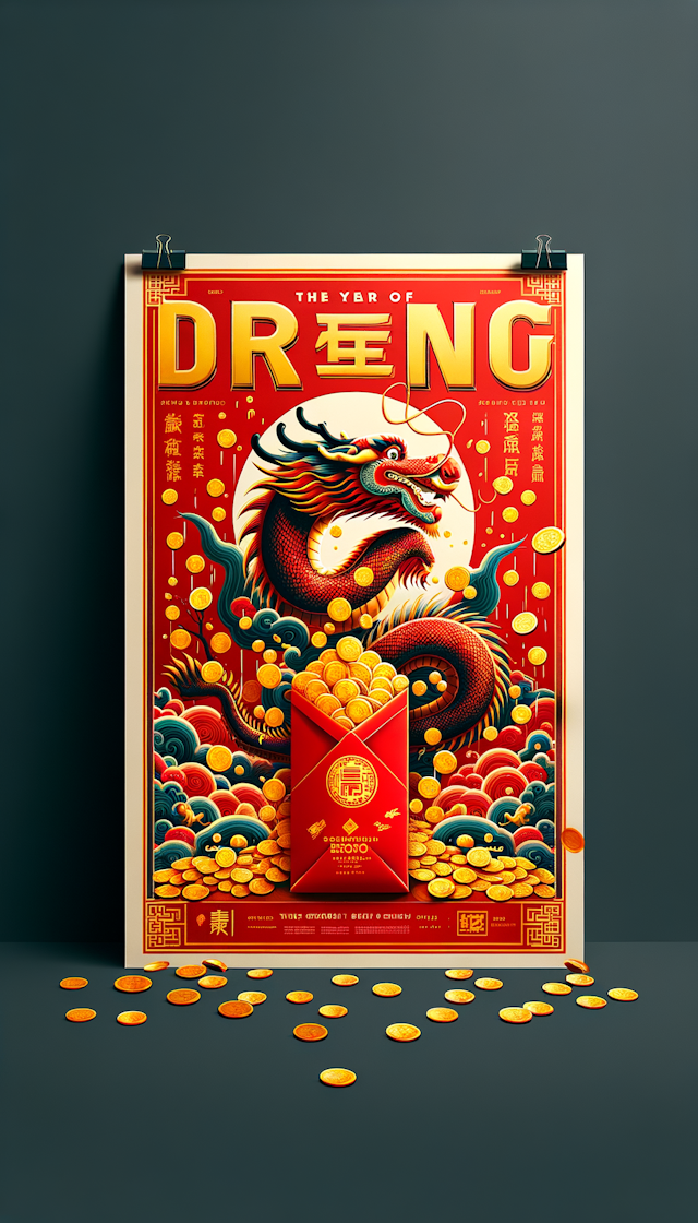 Chinese style Year of the Dragon red envelope cover, gold coin rain elements, 3D stereoscopic, the style should be overbearing but not lose the Chinese Year of the Dragon style, red and gold as the main colours, the form of posters,