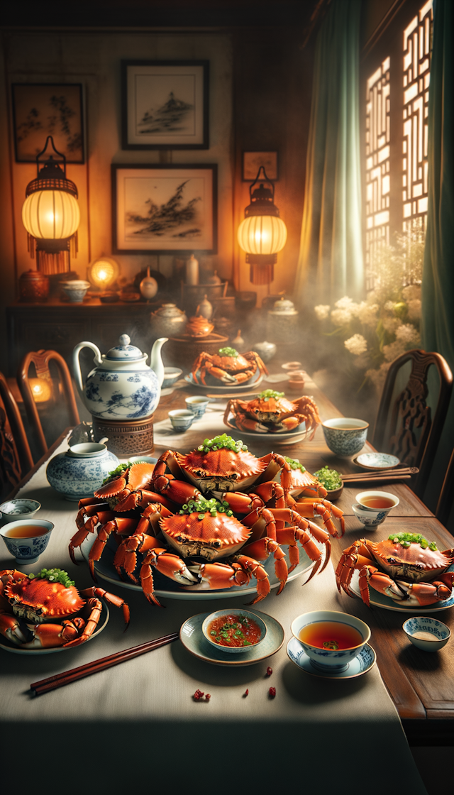 餐桌上美味的大闸蟹