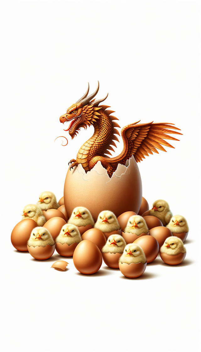 脆皮小母鸡群中的鸡蛋孵出一只巨龙，庆祝龙年吉祥喜庆，生意兴隆