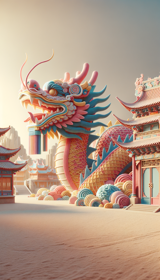 Chinese dragon, cute, 3D, pastels, felt style, macaron tones, wide angle shot, Chinese architecture in front of the camera, New Year festive background high details, best quality, cinematic lighting effects