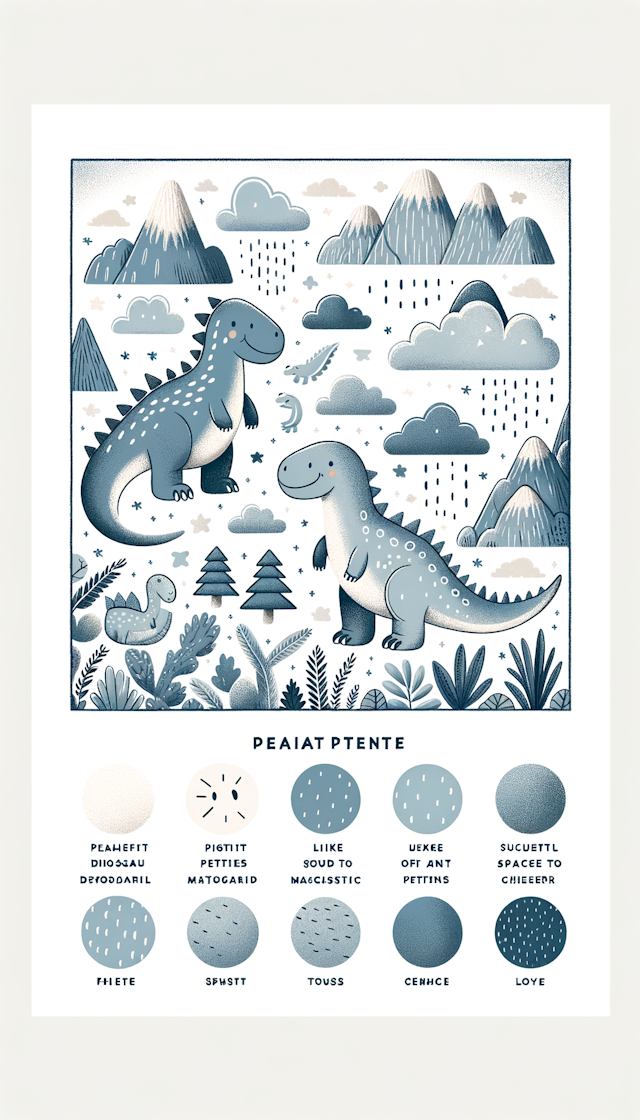 Create a 5:5 ratio square illustration with a white background, featuring charming dinosaur illustrations primarily in shades of blue and grey, with spaced patterns to give each figure its own presence. Include playful elements like clouds and mountains, but with clear space between each to avoid clutter. Add whimsical details and intersperse the illustration with the small text 'little dino' to enhance the child-friendly theme.