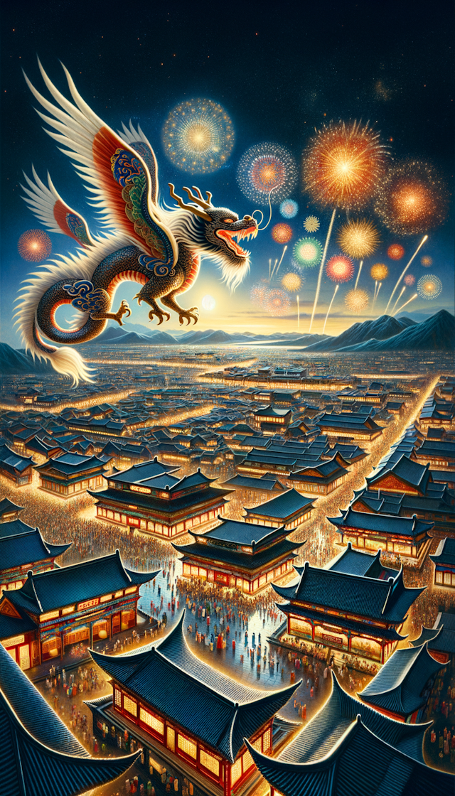 中国龙在唐代长安城上空飞腾，天空中打着礼花，城市中灯光通明，街道上人来人往，喜庆
