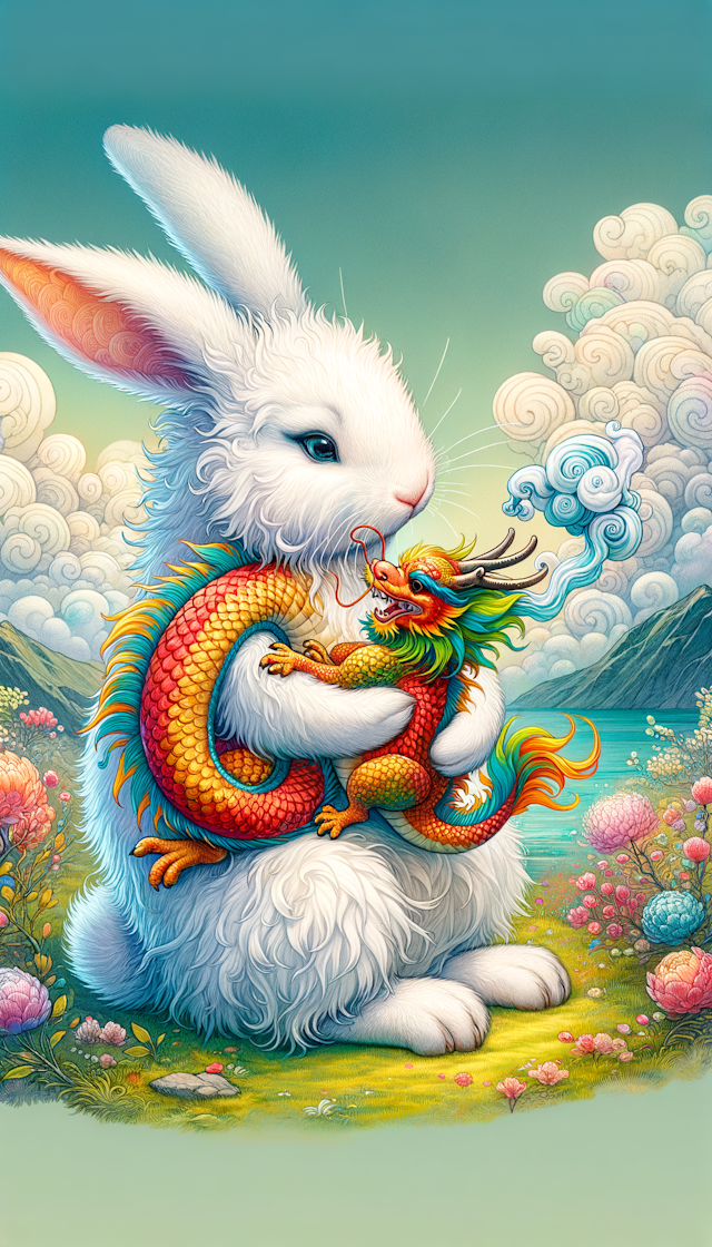 In the rabbit's arms, there is a small dragon, symbolizing that the year of the dragon is coming soon