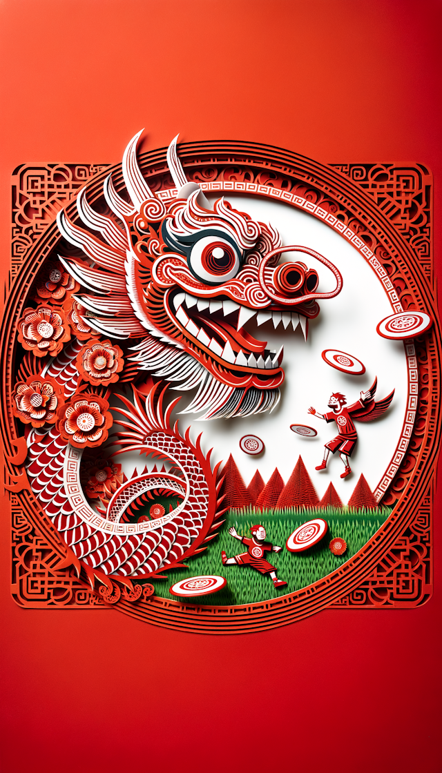 "Chinese dragon is laughing, Chinesepaper-cut, festive,red theme along with ultimate frisbee