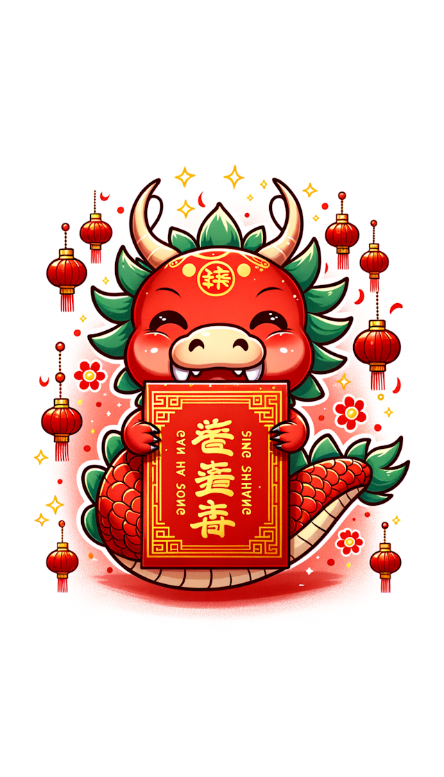 可爱的中国卡通龙，过年红包喜庆气氛，红包封面写上文字“甘华恭上”