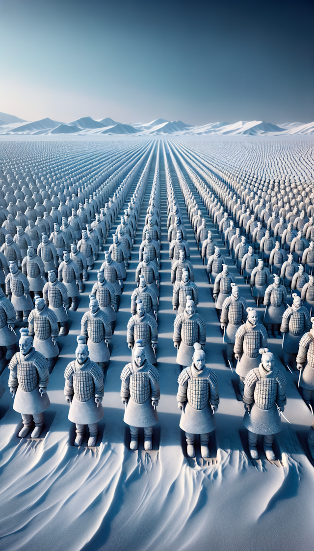 Countless rows of orderly arranged snowman Terra Cotta Warriors stood in a huge and flat square covered with ice and snow, all white and armed with swords