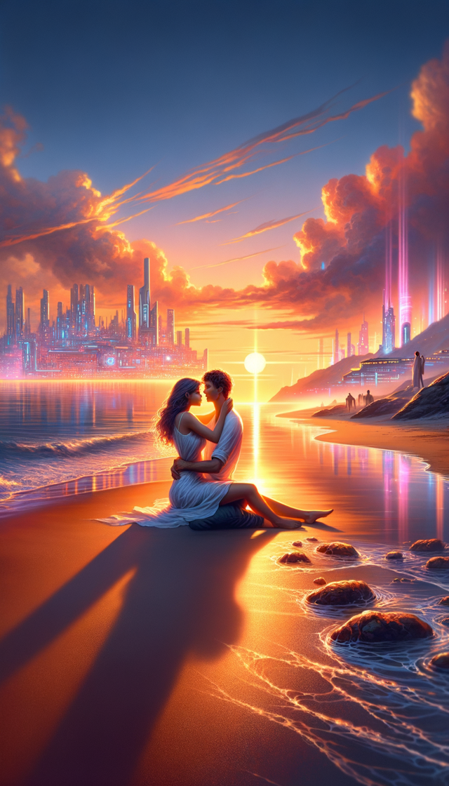一个浪漫的日落场景，融合了未来主义元素，两个人在海滩上拥抱。风格：浪漫，未来主义。灯光：温暖的日落光线。环境：海滩，背景是未来城市景观。艺术家：卡斯帕·大卫·弗里德里希，格兰特·哈夫纳。媒介：数码绘画。颜色：柔和的柔和色调，带有鲜艳的霓虹色。氛围：浪漫，未来主义，技术先进。构图：聚焦在前景的情侣身上，日落和城市景观营造出如画般的背景。相机型号和镜头：佳能 EOS 5D Mark IV + 定焦镜头。