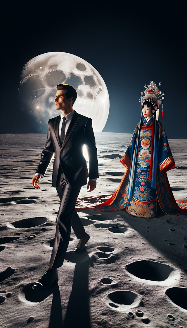 中国帅哥穿西服上月球会见嫦娥，嫦娥穿着古装