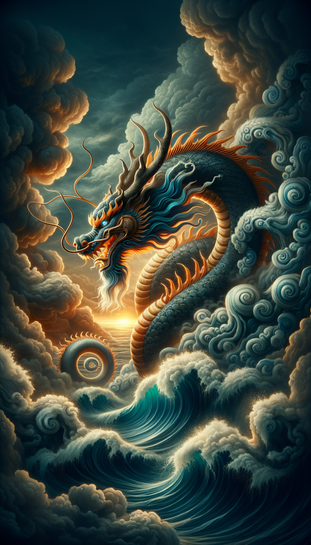生成一个条中国风神圣威武的龙，在云中翻腾，一种威严袭来