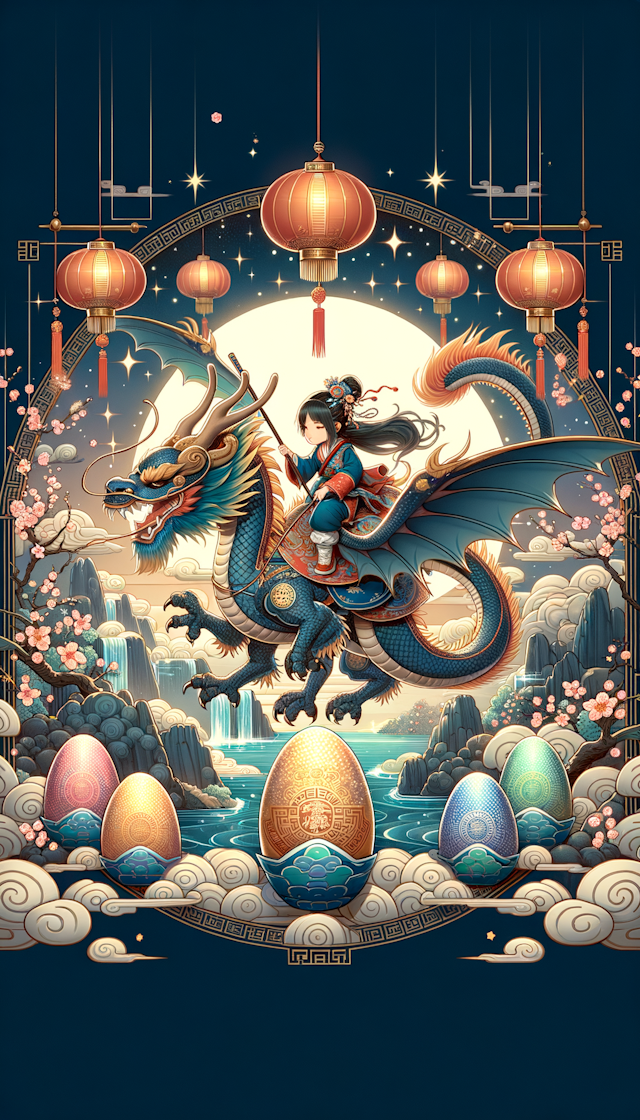 a Chinese girl riding on a Chinese dragon, New Year's card, hatching, genshin impact, design proposal, high quality --ar 3:4 --niji 5