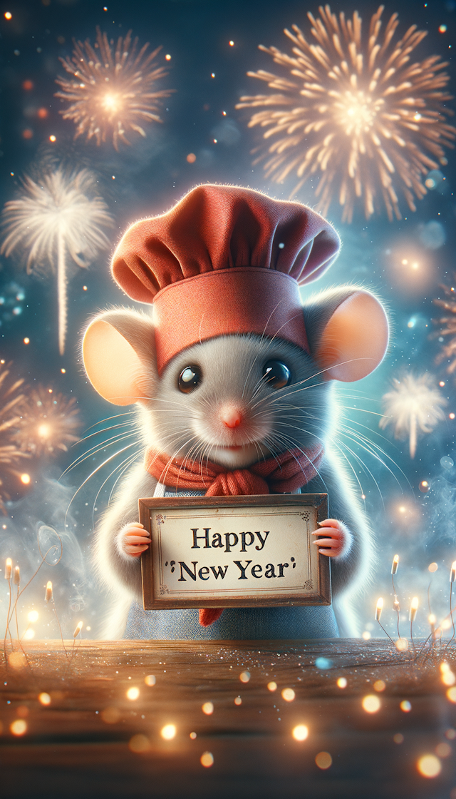 一只可爱的料理鼠王戴着红色喜庆的帽子，在一片祥和梦幻的烟花中，拿着一副“新年快乐”的对联给大家拜年