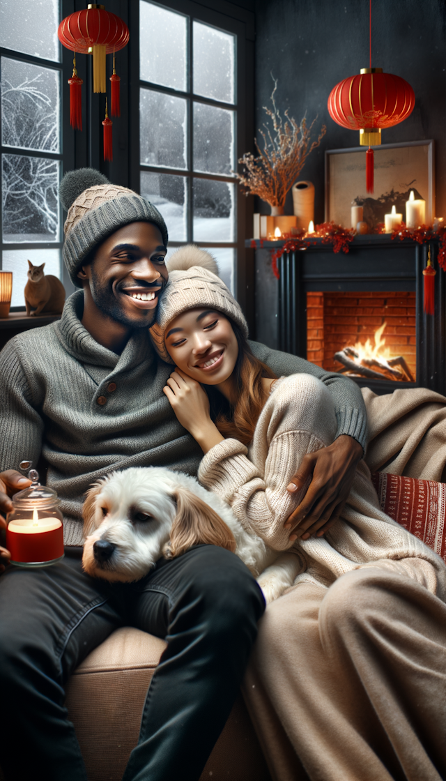 一对情侣在温馨的房间里庆祝农历龙年春节，他们依偎着靠在沙发上，旁边躺着一只狗，虽然屋外是冰天雪地，但屋里壁炉烧着显得房间里十分温暖