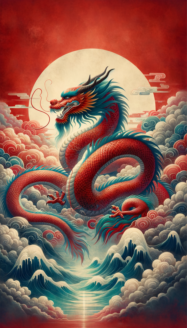 A traditional Chinese dragon, showing its upper body, with a colorful body like watercolors, flying through the clouds and fog, against a background of Chinese red.