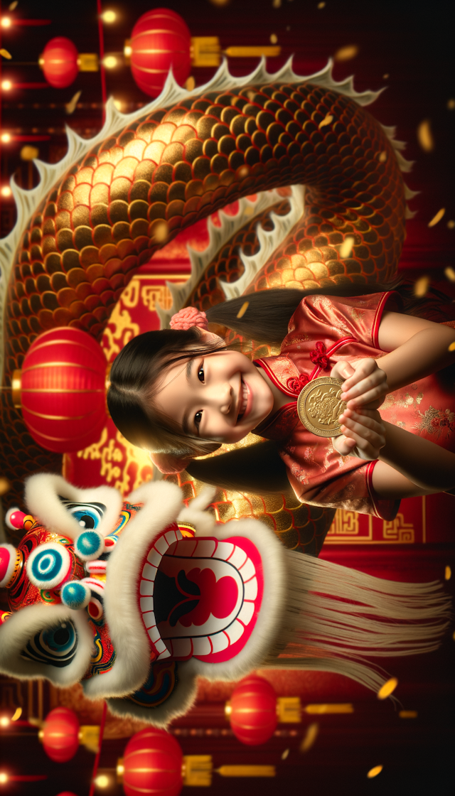 小女孩抱着金币，身后是一条中国龙，非常喜庆的氛围