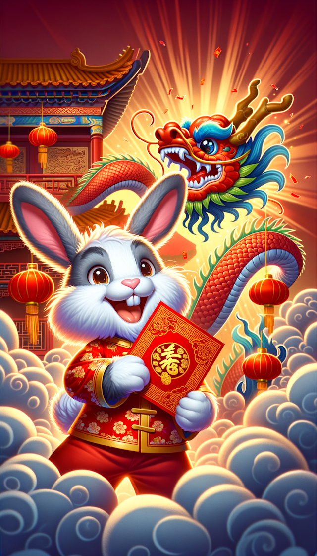一个拟人卡通的小兔子，他在拜年，他的背后一条中国龙