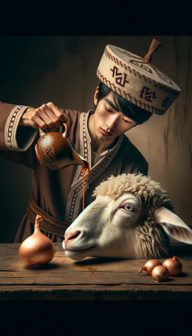 一个戴新疆小帽的人 眉毛是八字型 正在往羊头上倒料汁 旁边放着个洋葱