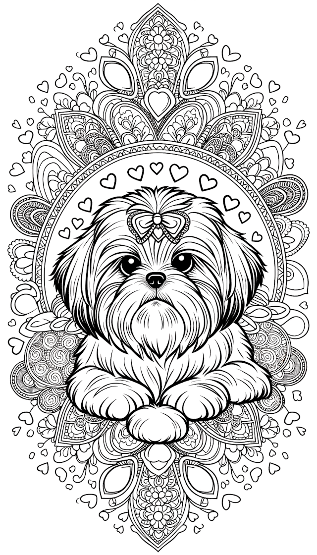  coloring page for adults, valentines day themed shih-tzu dog, no shading