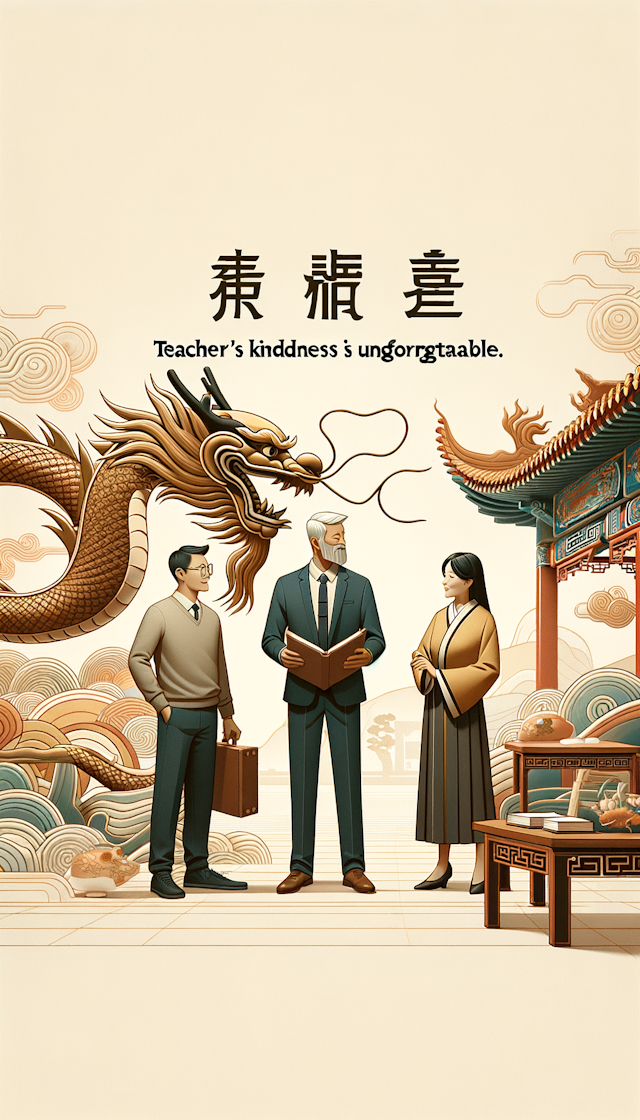 背景是中国龙，两个老师，一男一女，都是现代亚洲人，还有一个男学生，也是现代亚洲人，上方有一行字，Teacher's kindness is unforgettable
