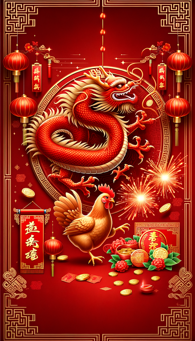红色吉祥喜庆中国风，霸气的脆皮小母鸡与中国巨龙一起腾空祝贺生意兴隆元宝烟花对联