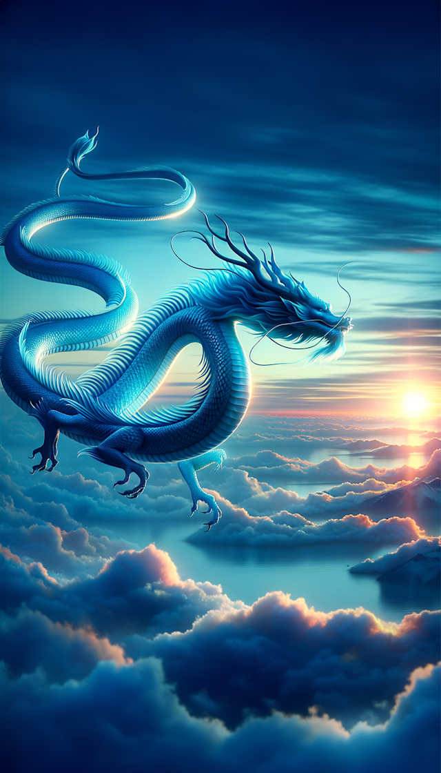 一只亮蓝色的东方巨龙，在日出的时间段，于天空中翱翔
