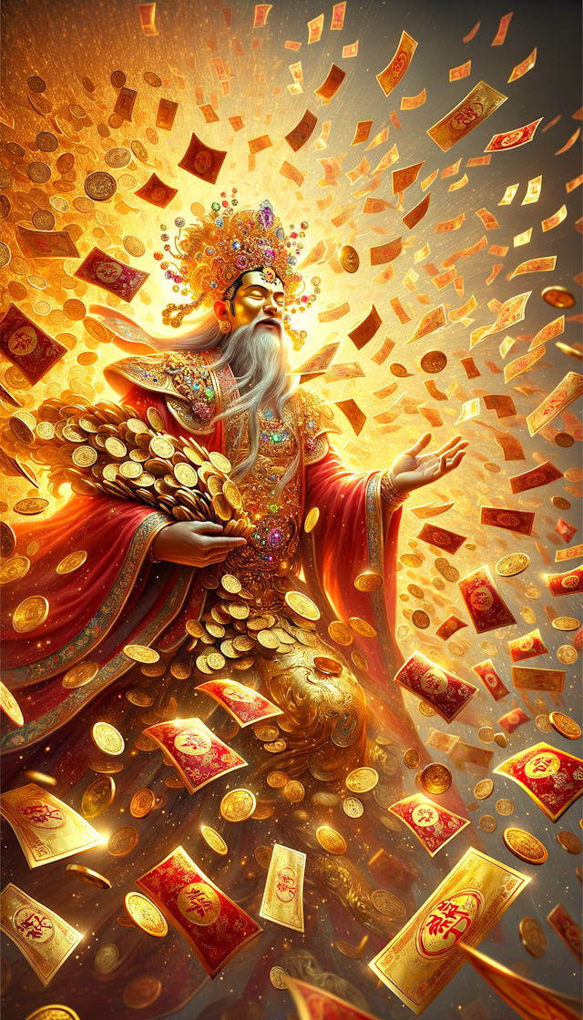 The God of Wealth scatters gold coins crazily to give blessings, and red envelopes fly in the sky with lucky money