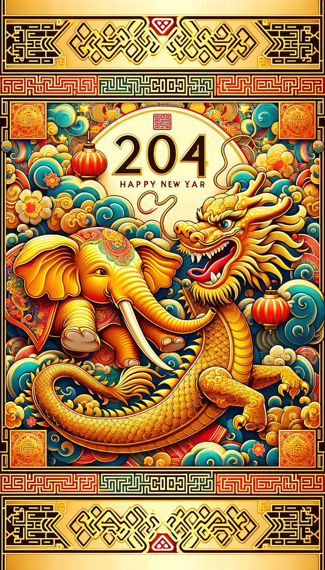 The number "2024" is centered at the bottom, and a golden elephant and a golden Chinese dragon interact to form a vivid, well-designed New Year poster with Chinese elements.