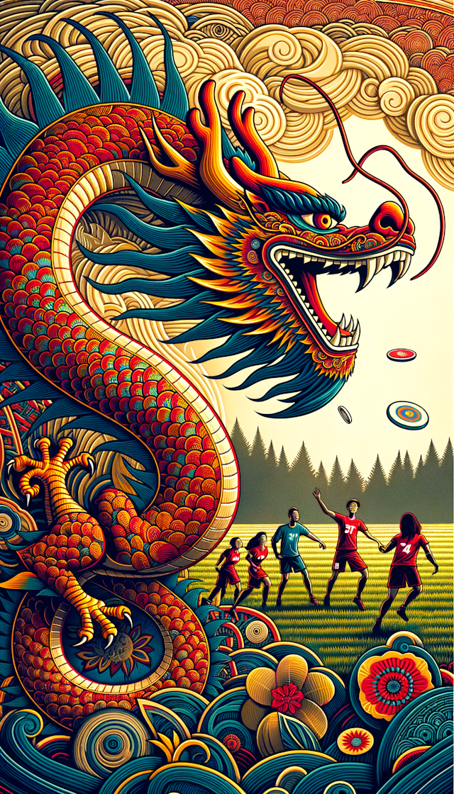 "Chinese dragon is laughing, Chinesepaper-cut, festive,red theme along with ultimate frisbee