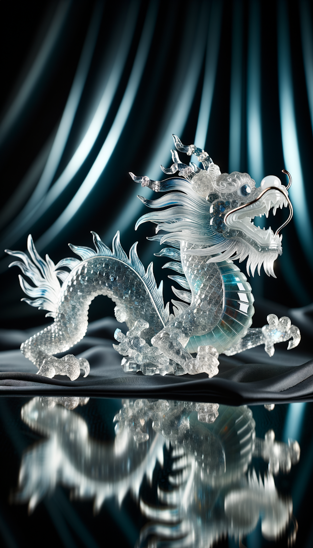 Chinese dragon,Studio photography, Transparent Jade, A Chinese dragon made of Transparent jade gems, blurred black background