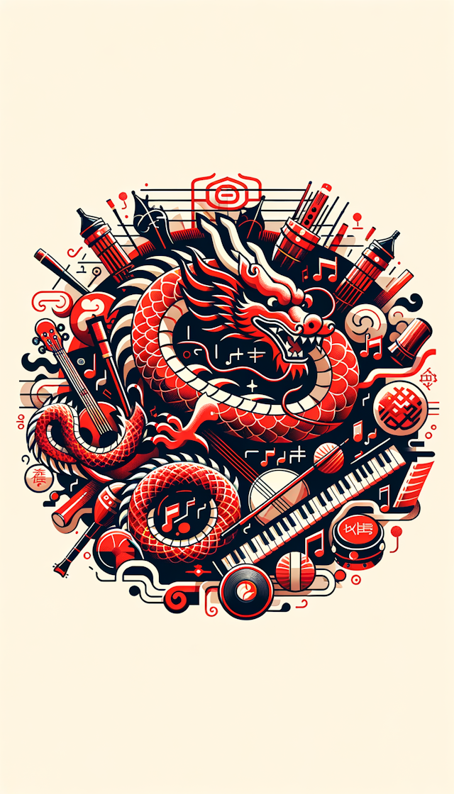 中国龙和各种乐器乐符号的元素，风格现代，红色的为主色调，喜庆祥和
