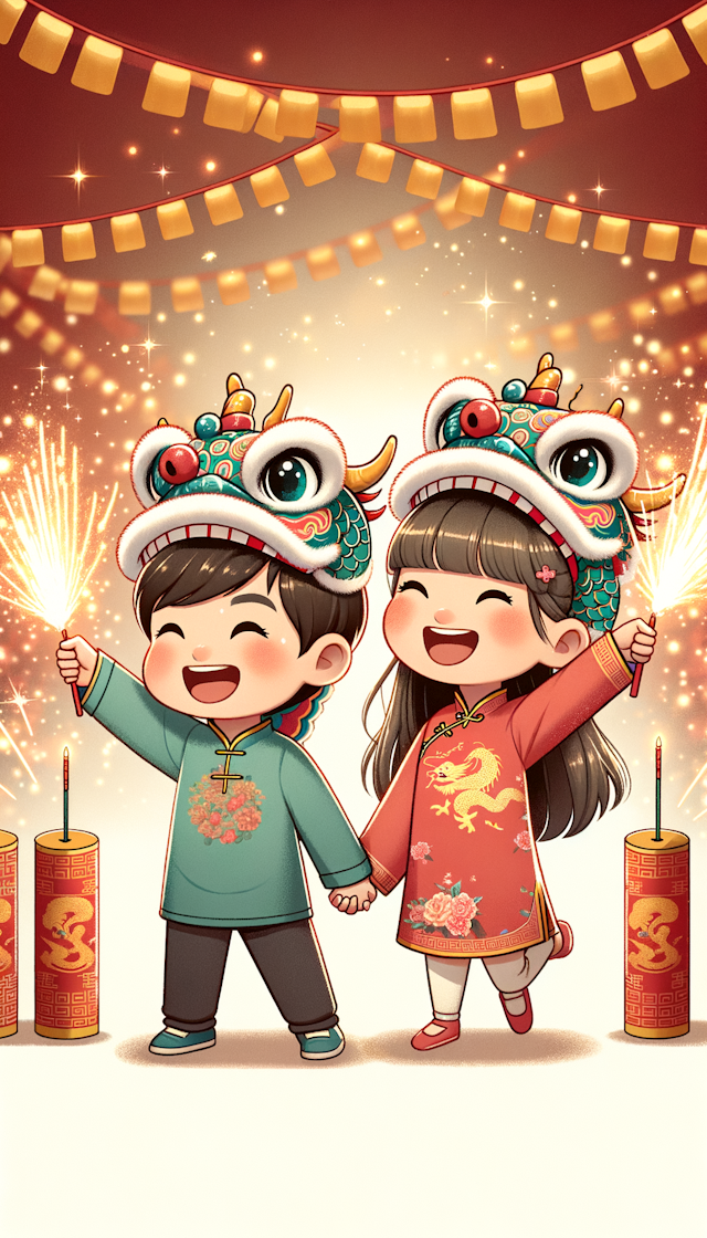 中国风，一个小男孩和一个小女孩，都戴着龙帽，手拉手开心的看表演，周围是星星炮仗