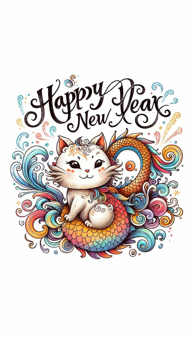 可爱猫猫龙，上方”新年快乐“祝福