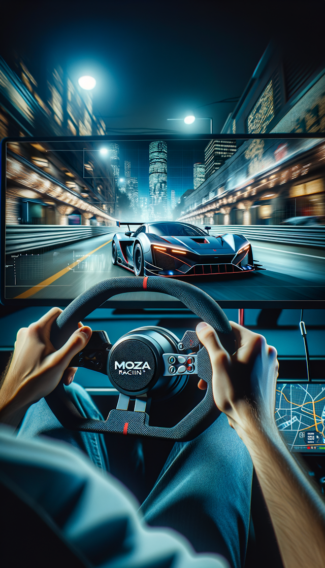 玩MOZA Racing赛车模拟器驾驶奔驰AMG赛车的沉浸式场景，并附上MOZA Racing的品牌logo
